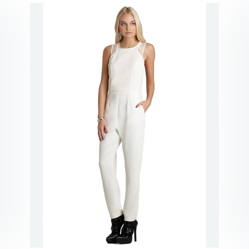 BCBG Lace Shoulder Jumpsuit Ivory Size 2 NWT Elegant Sleeveless